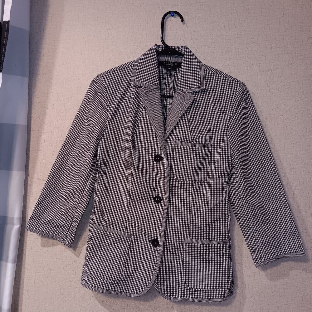 TALBOTS Black White Gingham Check Blazer Jacket 3/4 Sleeve Stretch Size 4